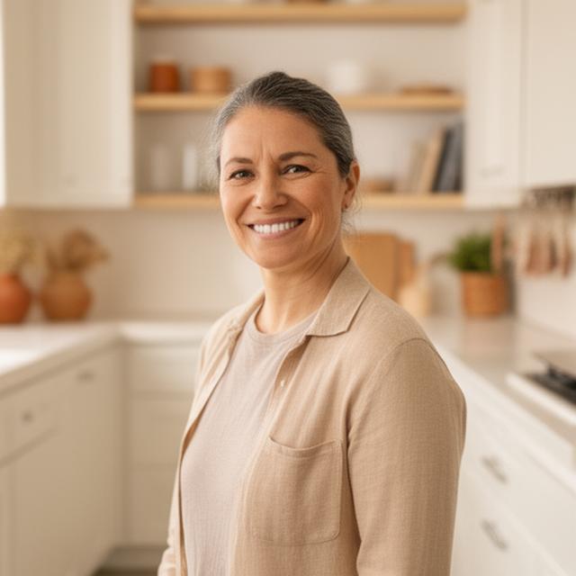Smiling homeowner standing beside a bright kitchen with polished counters and tidy open shelving