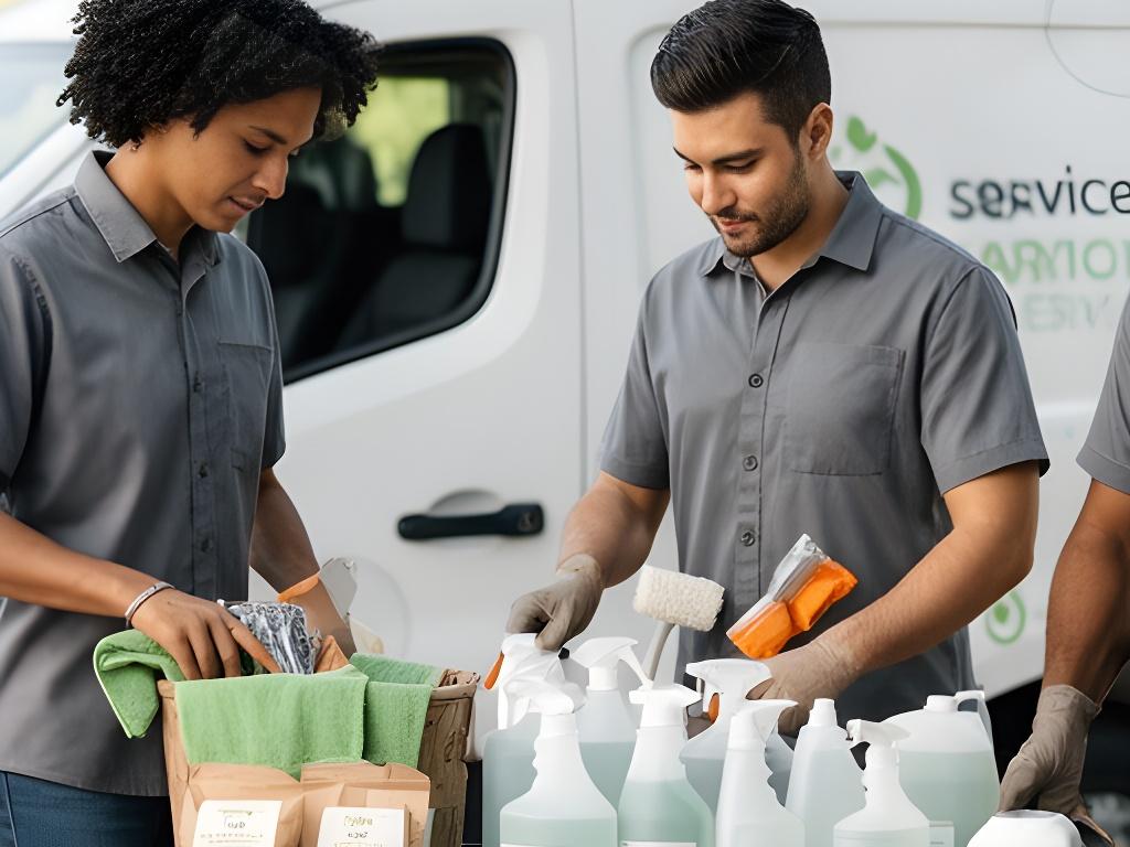 Uniformed cleaning team preparing eco-friendly supplies beside a tidy service van