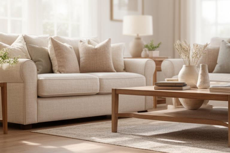 Sun-lit living room with freshly vacuumed floors, bright cushions and neatly arranged decor